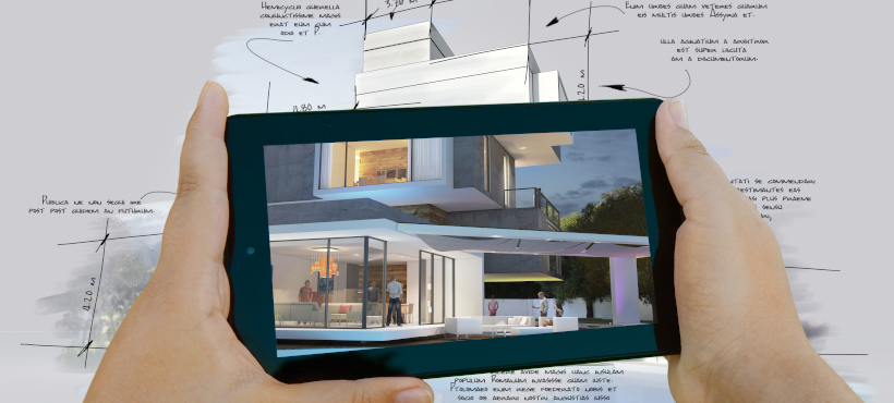 A tablet with a render of a building in front of a architectural drawing