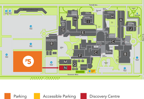 Mohawk College Fennell Campus map with Discovery Centre highlighted