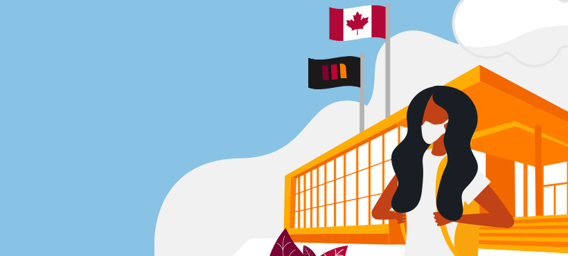 Illustration of a student wearing a mask outside Mohawk's Fennell Campus