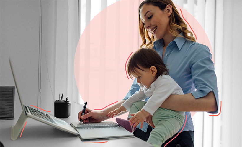 mohawk student practicing online while caring for her baby