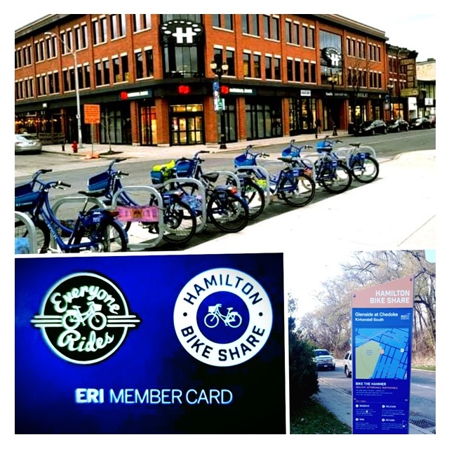 Photo collage with images of a bike station, Hamilton Bike Share member card, and a bike share board with a map.