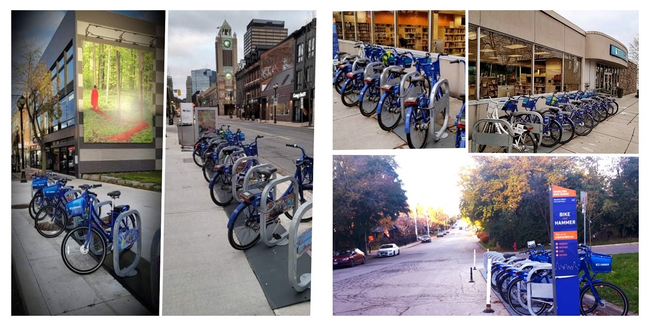 "Left and right images: bike stations in downtown Hamilton and other areas of the city."