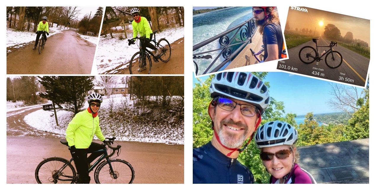 "Left image: Mary Anne Peters on her bicycle on a winter day. Right image: photo collage with images of the Crewson family wearing helmets, a bike on the middle of the road, and a cyclist enjoying the view at Niagara Falls."