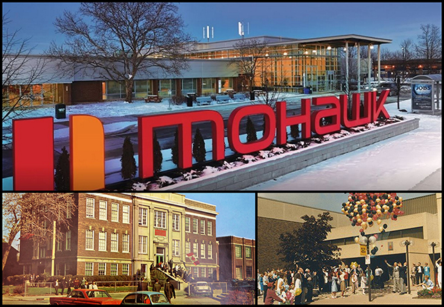 A collage of Fennell campus with historical images of Mohawk College.