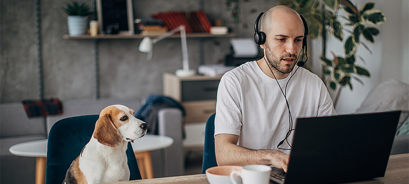 Student with headphones and a dog at home on computer