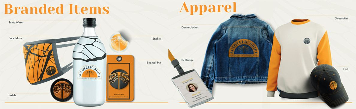 Sample work from Shaista ‘Shay’ Obaidullah, including a butterfly water bottle and custom logo design on appearl