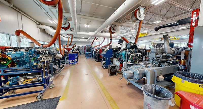 Heavy machinery in the Truck and Coach Lab at Mohawk College's Stoney Creek Campus for Skilled Trades.