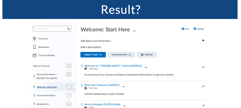 Template overview including weekly modules formatting with the desired structure to provide predictability and ease of navigation for students.