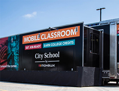 Mobile classroom truck in parking lot