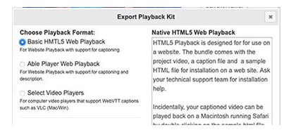 Screen capture of the CapScribe 2 option for Export Playback Kit, which includes suggestions on playback formats