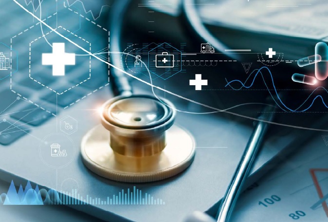 Image of stethoscope on a laptop with floating cross signs and data graphs