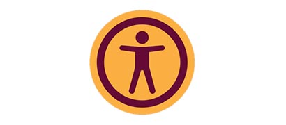Accessibility icon in Mohawk colours of burgundy and gold.