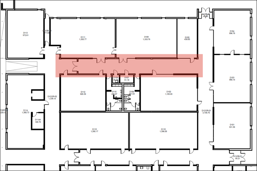 Figure 1:  Stoney Creek Campus - D-Wing Partial Corridor from D102 to D112
