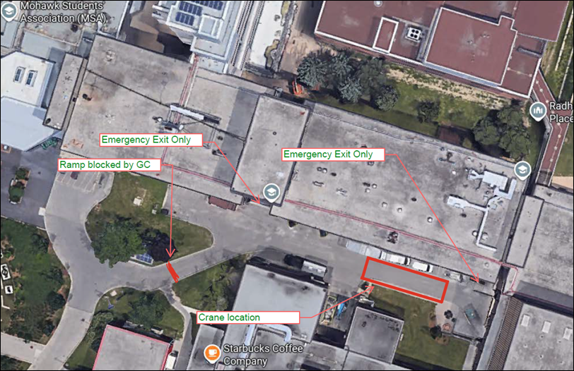Figure 1: Crane location and indication of primary exits not in use