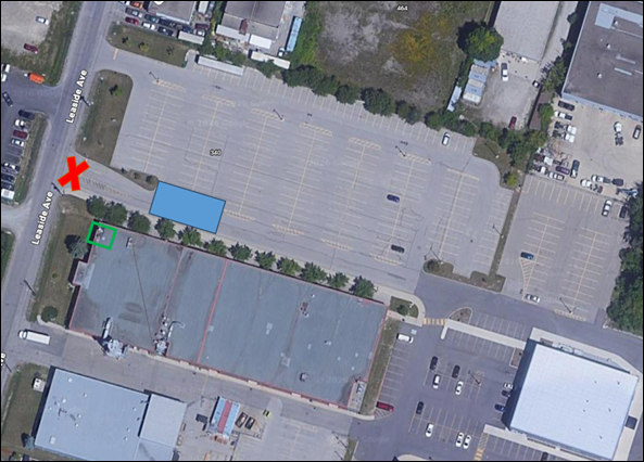 Stoney Creek Campus - E-Wing | Blue – Crane Location | Red – Road Closure | Green – Equipment