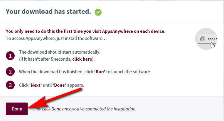screenshot of mohawk apps webpage download prompt on webpage with done button
