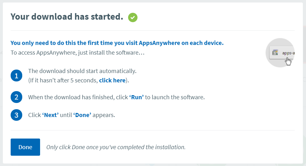 screenshot of mohawk apps prompt saying your download has started