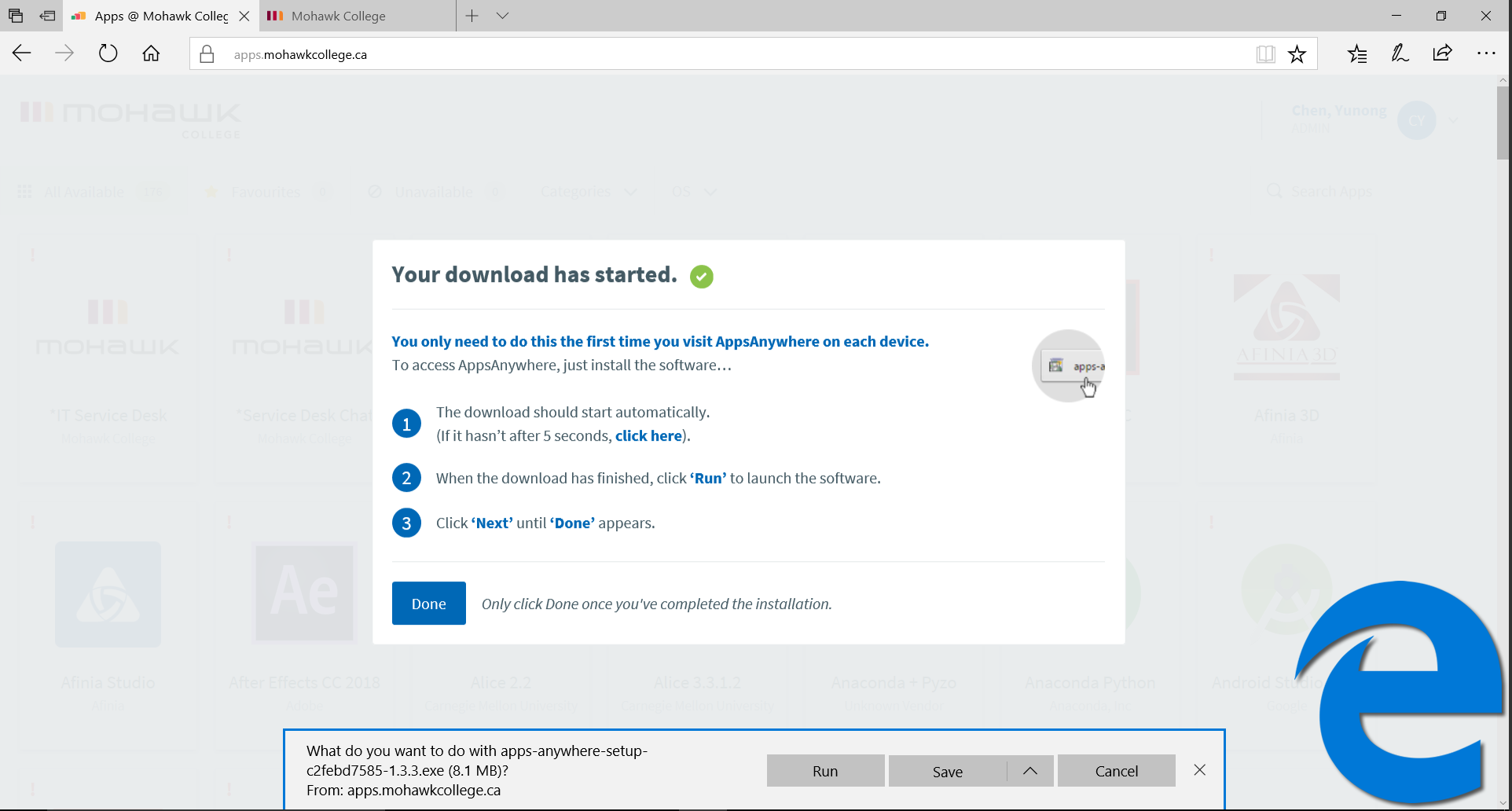 screenshot showing the download save prompt in edge browser