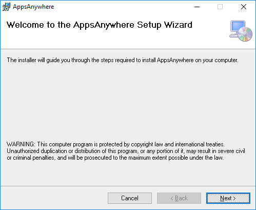 screenshot of apps anywhere installation window showing Next button
