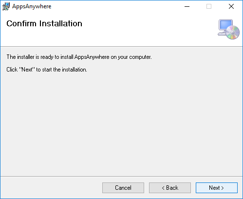 screenshot of apps anywhere installation window showing prompt to start installation