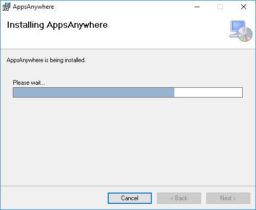 screenshot of apps anywhere installation window showing progress bar for the installation
