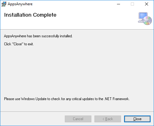 screenshot of apps anywhere installation window showing installation is complete