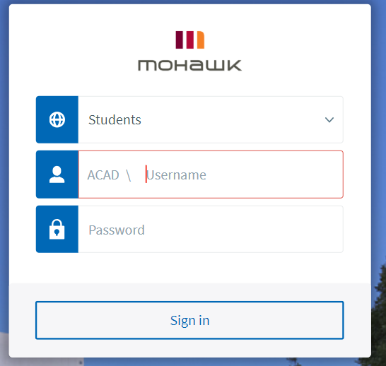 Screenshot of Mohawk Apps login page