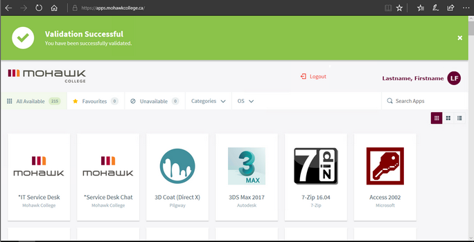 screenshot of mohawk apps webpage showing successful validation message
