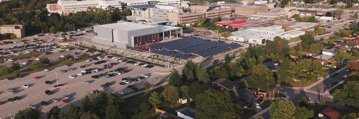 Exterior of Mohawk College, showcasing Ontario's largest solar carport