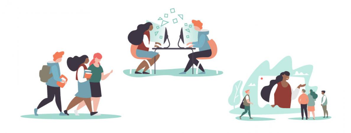 cartoon images of people walking and working on computers