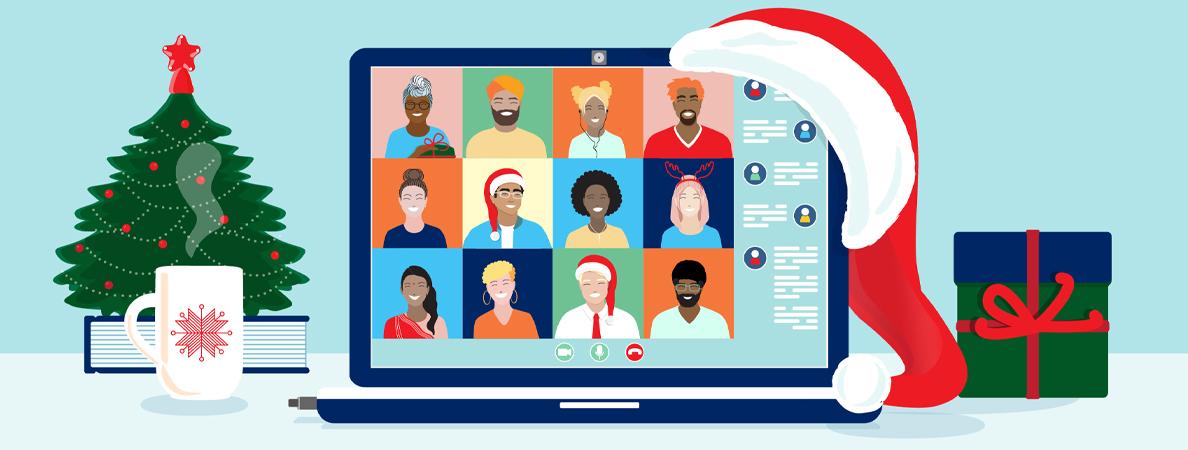 Virtual Christmas online meeting laptop screen graphic