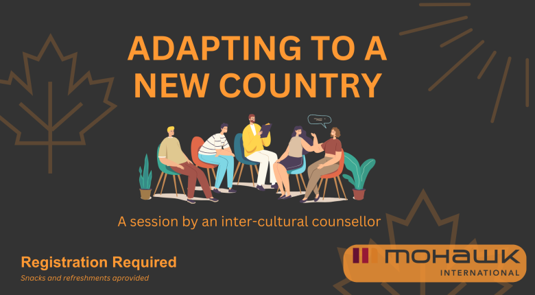 Picture showing students sitting on chairs socializing. Words read "Adapting to a new country: A session by an inter-cultural counsellor".