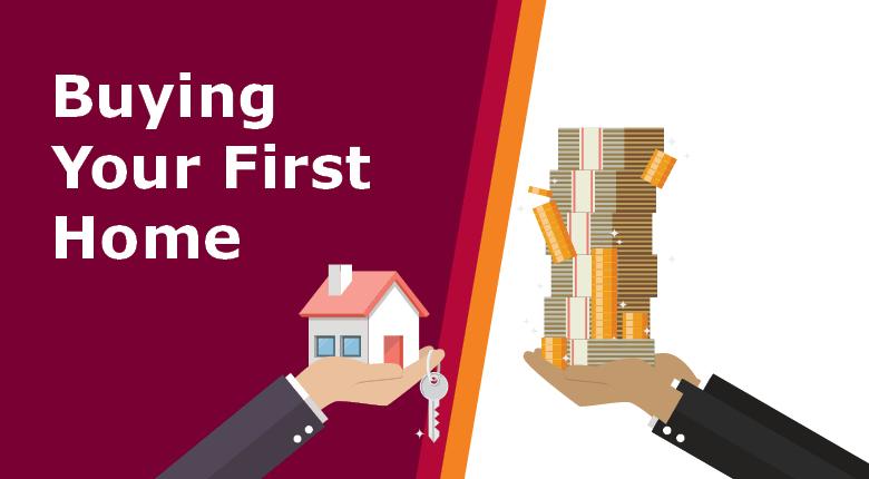 Buying Your First Home with two hands holding money and a house