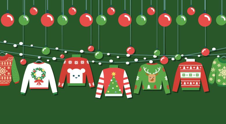 Holiday sweaters hanging a a line across the picture.
