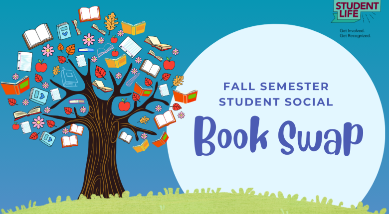 Illustration of a book-filled tree advertising a Fall Semester Student Social: Book Swap