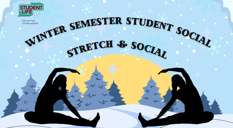 A graphic of a winter scene with silhouettes doing stretching activities.