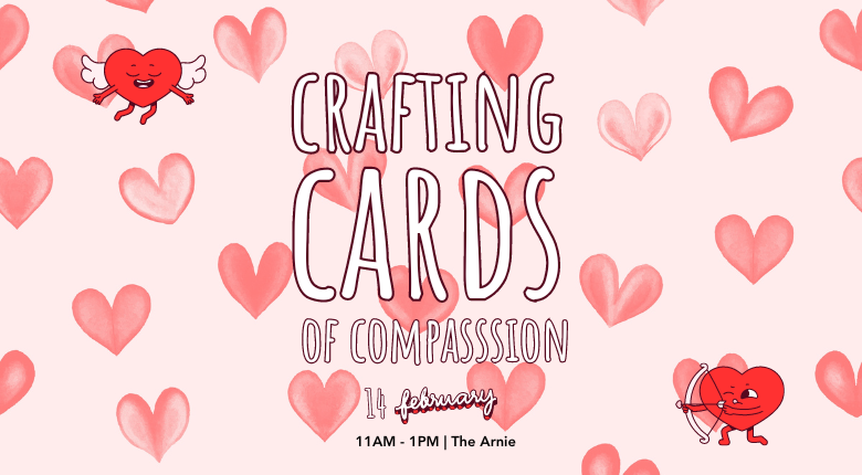 Heart with cupid bow and arrow and flying heart with wings in front of faded pink background with watercolour hearts.