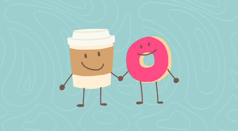 Cartoon coffee cup and pink frosted donut holding hands.
