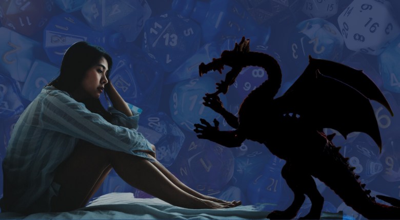 Girl sitting on floor holding head in front of silhouette of a dragon.