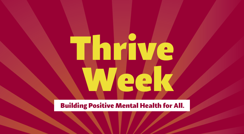 Red background with sun rays. Text reads Thrive Week. Building positive mental health for all.