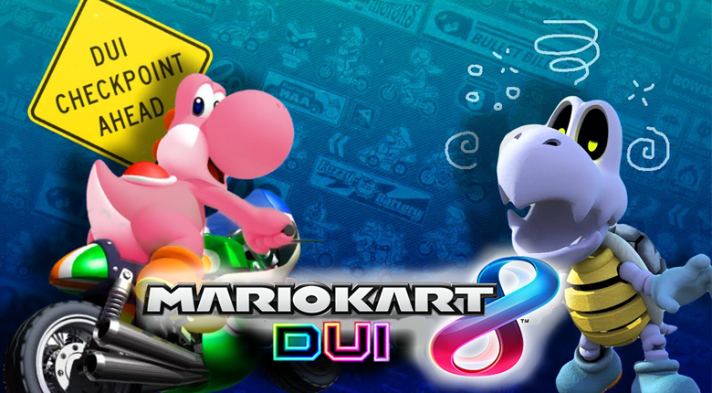 [Image description: Infographic titled “Mario Kart DUI”. This text is laid out on the middle bottom of the image. On the left side of the graphic is a pink Yoshi character driving a green motorcycle. Behind the pink Yoshi is a yellow caution sign which reads "DUI Checkpoint Ahead". On the ride side of the image is the Dry Bones character with swirls drawn in around his head.]