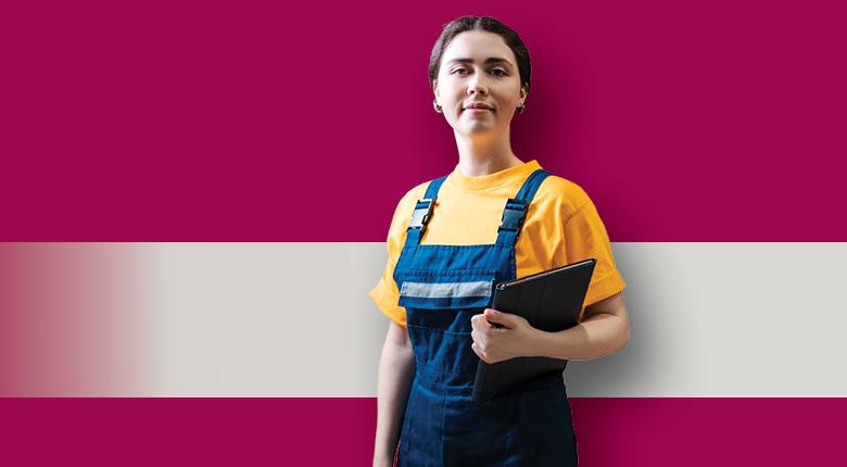 "An HVAC and gas oil worker is standing in construction uniform while holding a report book."