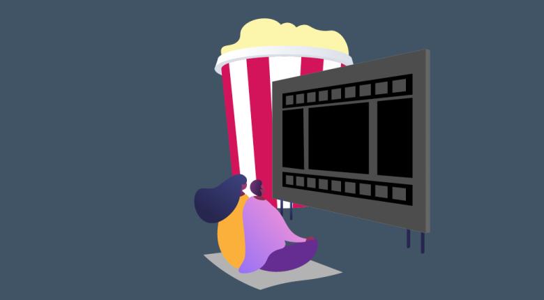 Students with popcorn and filmstrip