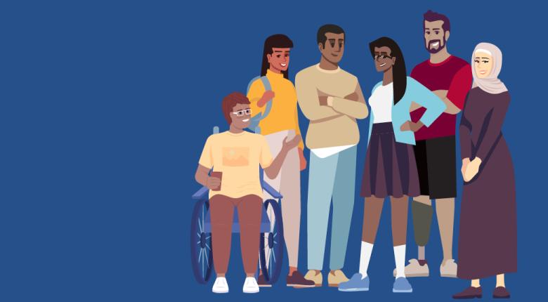 Illustration of a group of people of all types of nationalities and disabilities. 
