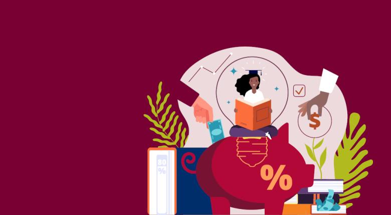 Illustration of a girl with a text book.