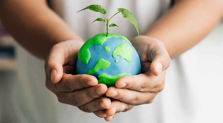 The earth being held with a sprout growing out of it