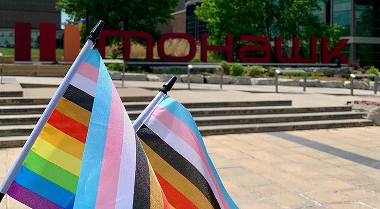 Pride flags in front of Mohawk College sign