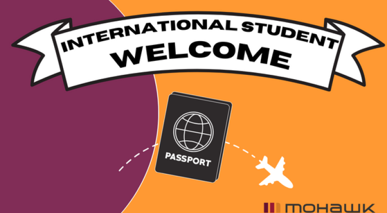 Small passport with an airplane logo flying through it. Also a banner with the words "International Student Welcome".
