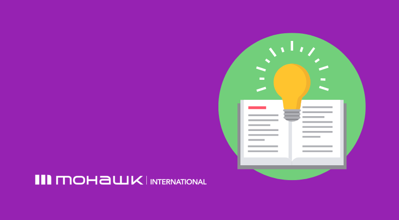Icon of an open book with a lightbulb inside and the Mohawk International logo