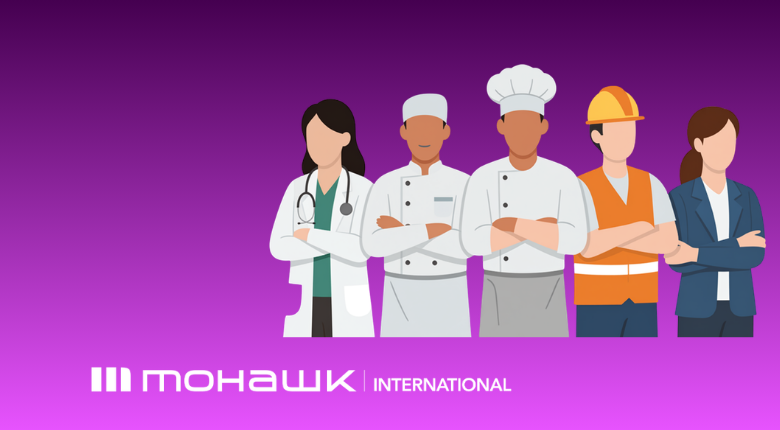 Icon of a group of people portraying different occupations and the Mohawk International logo at the bottom